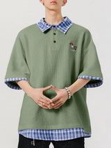 Men's Vintage Preppy Faux Twinset Contrast Plaid Collar Cute Animal Embroidered Polo Shirt SKUL68994