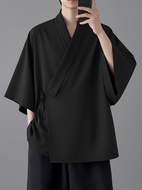 Men's Solid Color Asymmetric Placket 3/4 Length Sleeve Cardigan SKUL50533