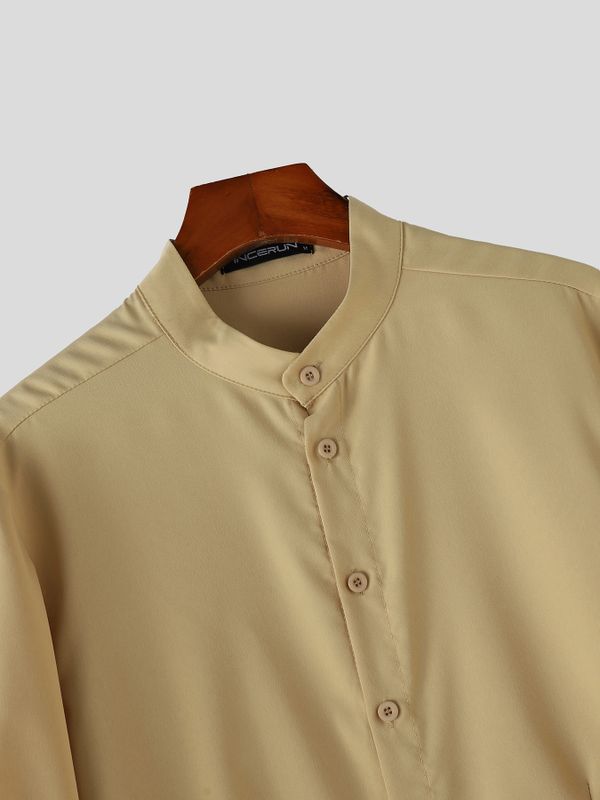 Men's Solid Color Stand Collar Cropped Long Sleeve Shirt SKUL54007