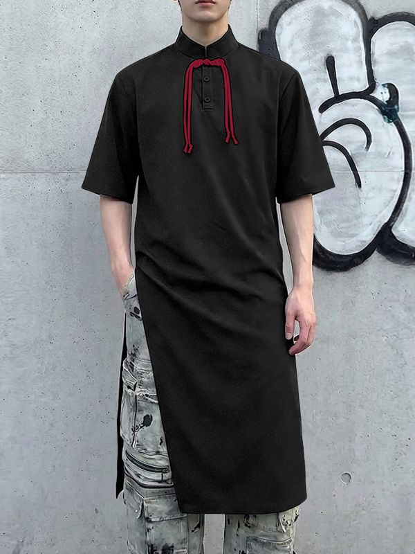 Men's Contrast Tie Asymmetrical High Split Longline Shirt SKUL55396