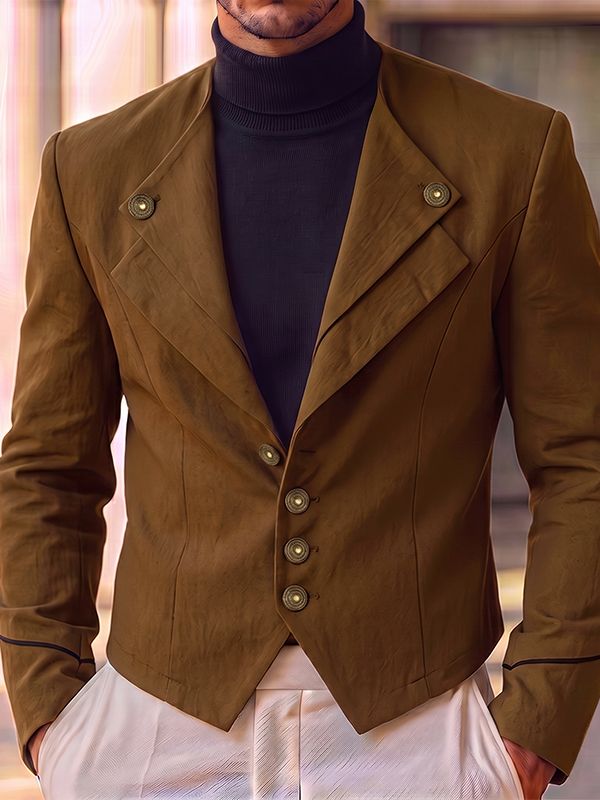 Men's Avant-Garde Cocktail Party Contrast Piping Detail Multi Button Waist Length Long Sleeve Lapel Collar Blazer SKUL81725