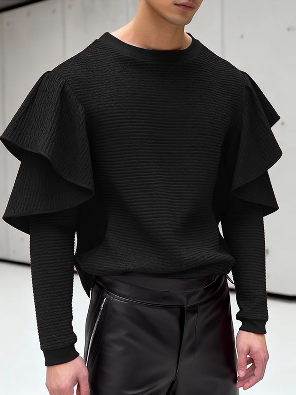 Men's Textured Ruffle Layered Crew Neck Long Sleeve T-shirt SKUL46331