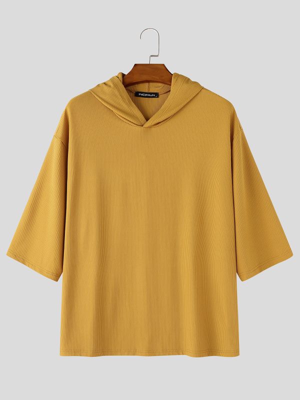 Men's High Street Casual Ribbed Drop Shoulder Hooded Half Sleeve T-shirt SKUL74691