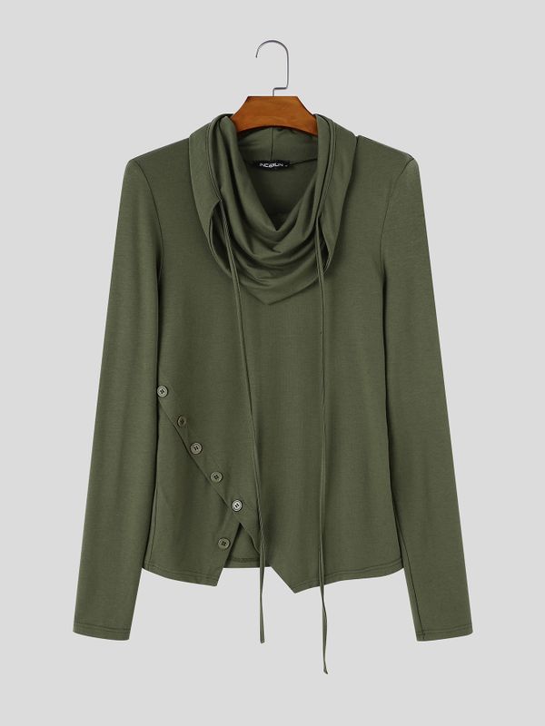 Men's Avant-Garde High Street Draped Cowl Neck Hanging Drawstring Asymmetrical Pointed Hem Long Sleeve T-shirt SKUL83998