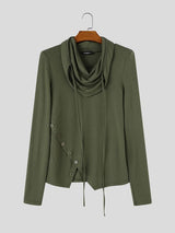 Men's Avant-Garde High Street Draped Cowl Neck Hanging Drawstring Asymmetrical Pointed Hem Long Sleeve T-shirt SKUL83998