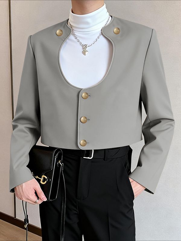 Men's Cut Out Design Metal Buckle Cropped Long Sleeve Blazer SKUL48622