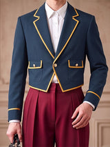 Men's Royal Vintage Evening Gala Contrast Piping Gold Button Cropped Blazer SKUL85520