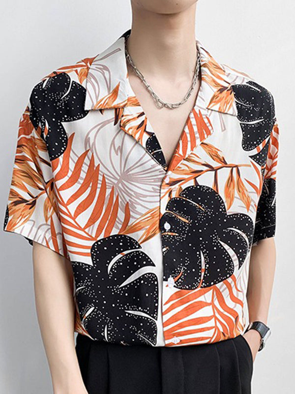 Mens Tropical Leaf Print Revere Collar Shirt SKUK08624