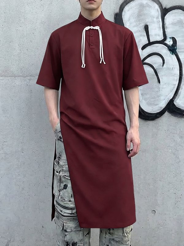 Men's Contrast Tie Asymmetrical High Split Longline Shirt SKUL55396