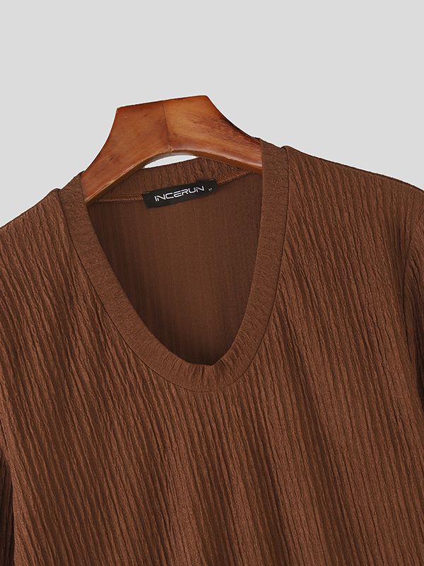 Men's Solid Color Textured V Neck Long Sleeve T-shirt SKUL47617