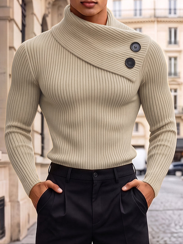 [Pre-order] Men's Clean-Fit Casual Daily Commute Wrap Turtleneck Double Button Ribbed Sweater SKUL89229