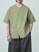 Men's Plaid Detail Collarless Short Sleeve Shirt SKUL54067