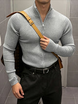 Men's Early Autumn Urban Casual Full Zip Ribbed Long Sleeve Stand Collar Cardigan SKUL79623