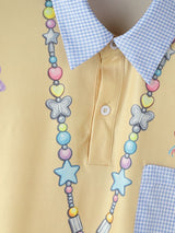 Men's Preppy Playful Unicorn Print Contrast Checked Polo Shirt SKUL70204
