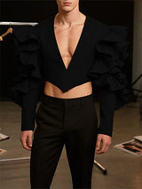 Men's Ruffle Patchwork V-Neck Cropped Long Sleeve Blazer SKUL27265