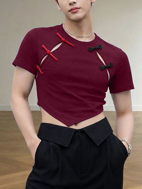 Men's Asymmetrical Color Pop Pointed Hem Cropped T-shirt SKUL60270