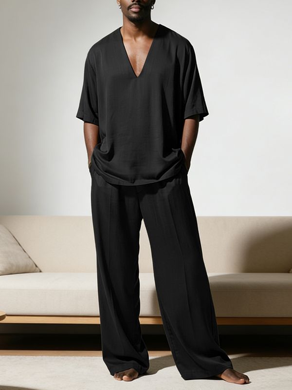 Men's Minimalist Solid Color V Neck Two Pieces Outfit SKUL53964