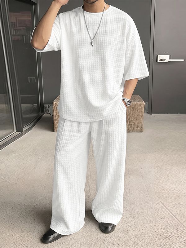 Men's Minimalist Waffle Texture Dropped Shoulder Crew Neck Two Pieces Outfit SKUL75694