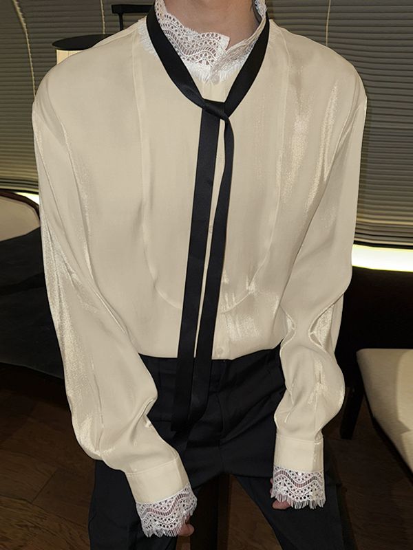 Men's Lace Trim Patchwork Ribbon Design Long Sleeve Shirt SKUL50006