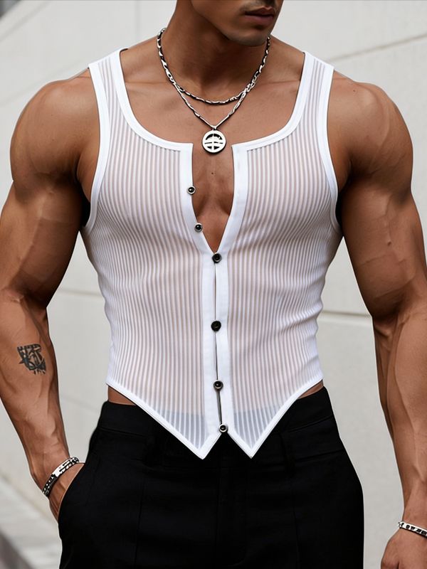 Men's Avant-Garde Vertical Striped Sheer Mesh Button-Down Tank SKUL55295