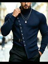 Men's Avant-Garde Diagonal Metal Grommet Buckled Belt Split Hem Long Sleeve Turtleneck T-shirt SKUL81136