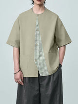 Men's Plaid Detail Collarless Short Sleeve Shirt SKUL54067