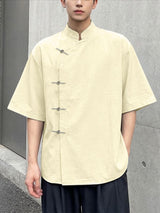 Men's Solid Color New Chinese Style Asymmetric Short Sleeve Shirt SKUL56321