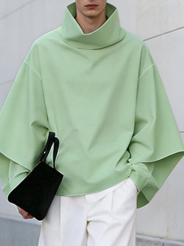 Men's Solid Color Loose Fit High Neck Long Sleeve Shirt SKUL52019