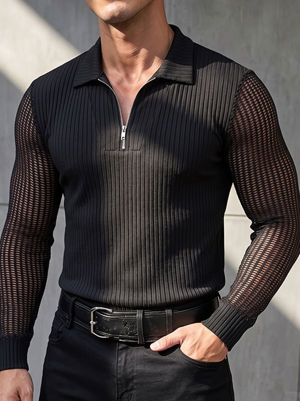Men's Smart Chic Cocktail Evening Hollow-Out Mesh Panel Quarter-Zip Fitted Shirt SKUL84048