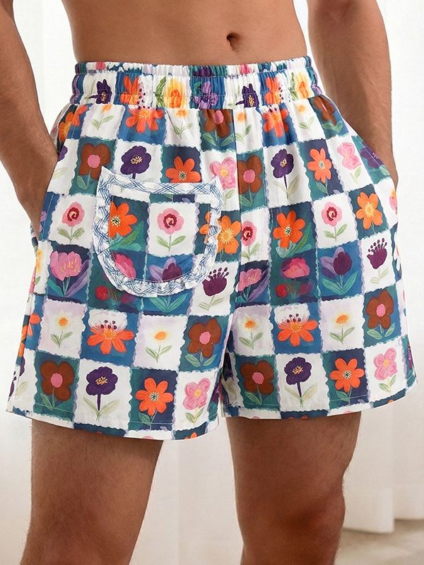 Men's Checkered Floral Print Ruffled Detail Elastic Waist Casual Short SKUL59798