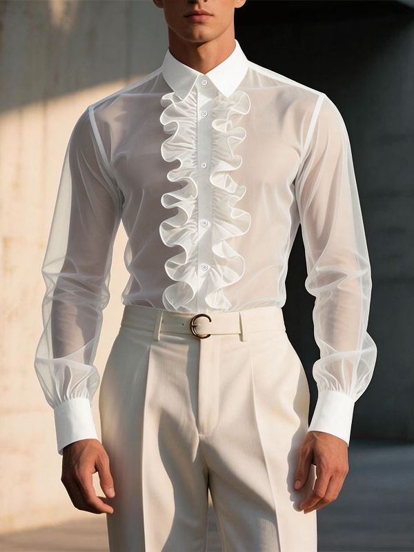 Men's Avant-Garde Romantic Sheer Mesh Ruffled Front Button-Down Shirt SKUL63169