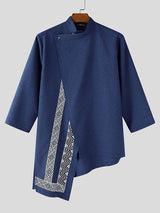 Men's Asymmetric Patchwork Stand Collar 3/4 Length Sleeve Shirt SKUL50560