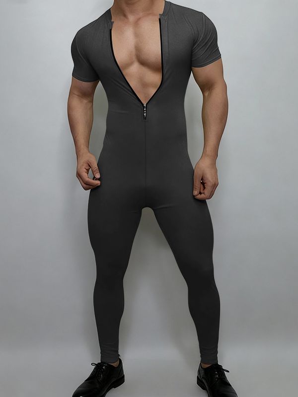 Men's Slim Fit Crew Neck Zipper Short Sleeve Bodysuit SKUL48656
