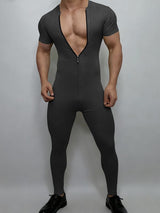 Men's Slim Fit Crew Neck Zipper Short Sleeve Bodysuit SKUL48656