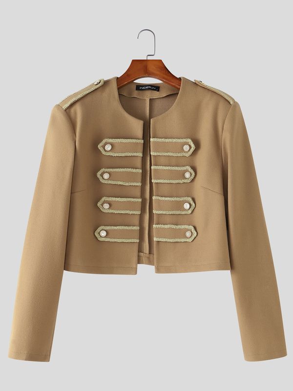 Men's Retro Party Military Gold Braid Cropped Boxy Long Sleeve Round Neck Blazer SKUL80457