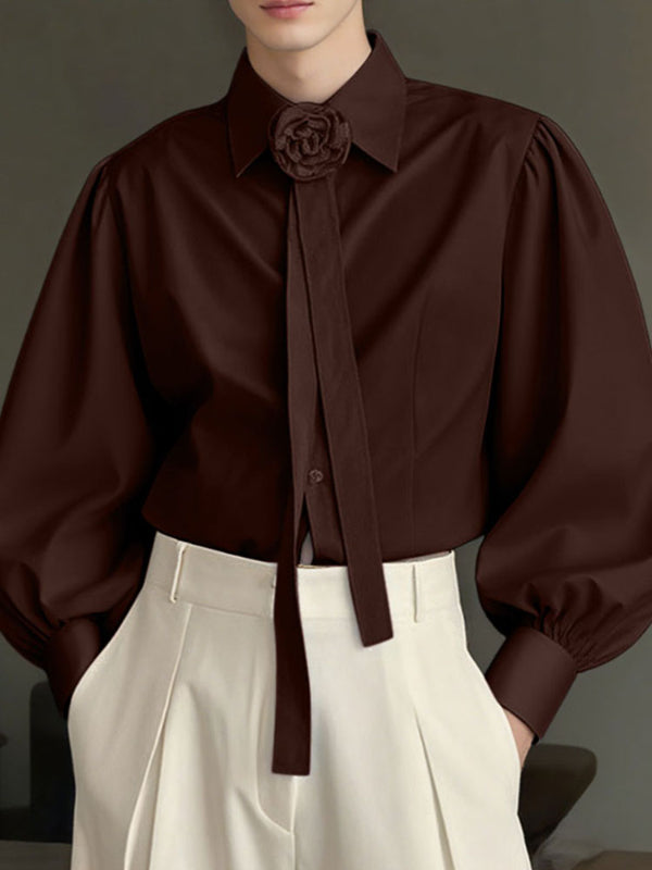 Men's Solid Color Floral Bow Long Sleeve Shirt SKUL30473