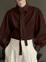 Men's Solid Color Floral Bow Long Sleeve Shirt SKUL30473