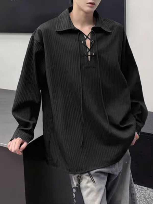 Men's Textured Drawstring Lapel Long Sleeve Shirt SKUL34969