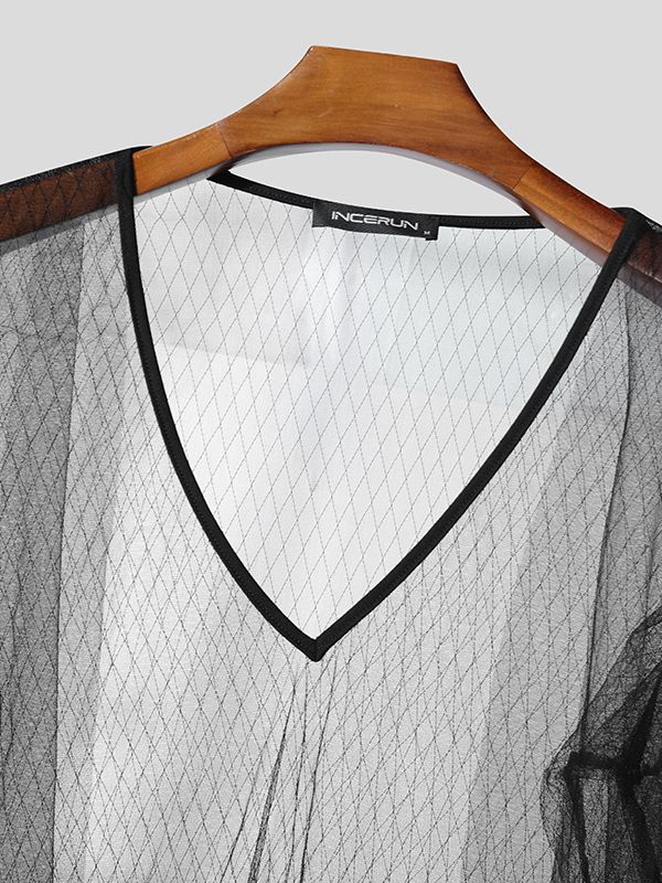 Men's Sheer Mesh V Neck Long Sleeve T-shirt SKUL46179