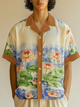 Men's Lotus Print Color Block Short Sleeve Shirt SKUL18779
