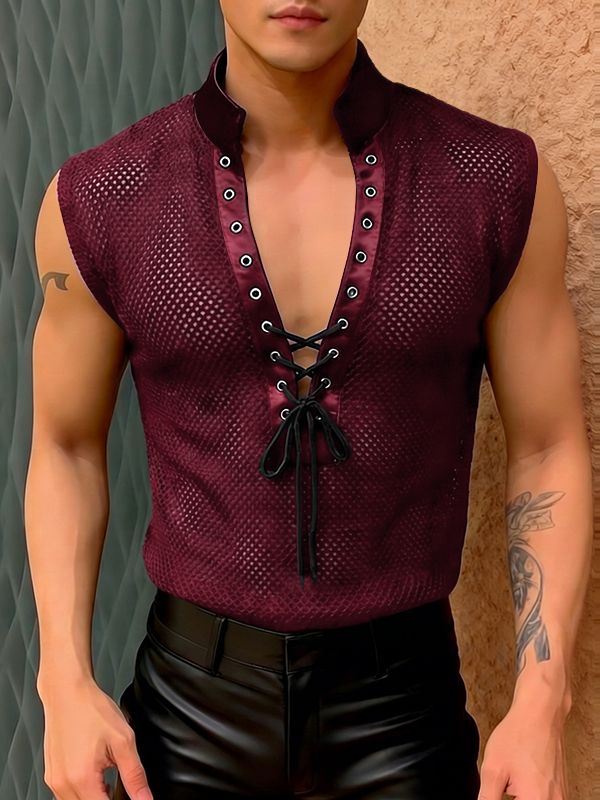 Men's Knit Mesh Drawstring Tie Stand Collar Tank SKUL48008