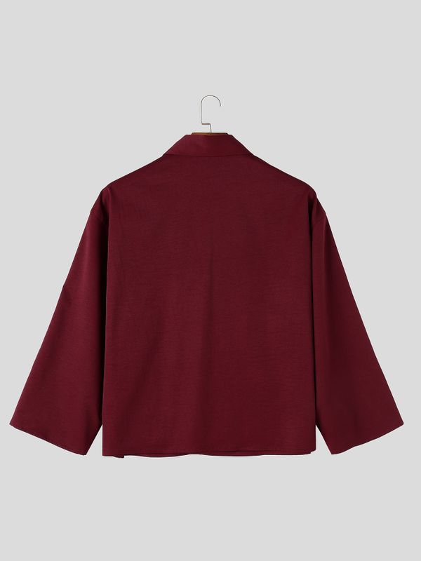 Men's Zen Minimalist Art Exhibition Asymmetric Side Button Lapel Cropped Shirt SKUL85533