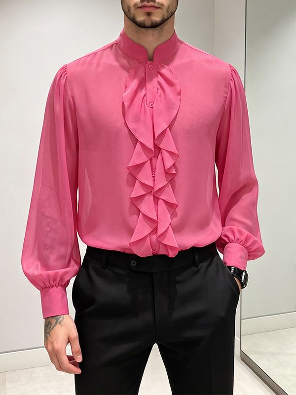 Men's Vintage Aristocrat Ruffled Sheer Chiffon Long Sleeve Shirt SKUL79224