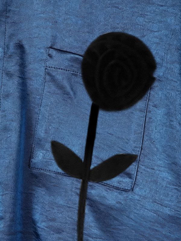 Men's Avant-Garde Gallery 3D Black Rose Applique Silky Satin Waist Length Long Sleeve Mandarin Collar Cropped Shirt SKUL82420