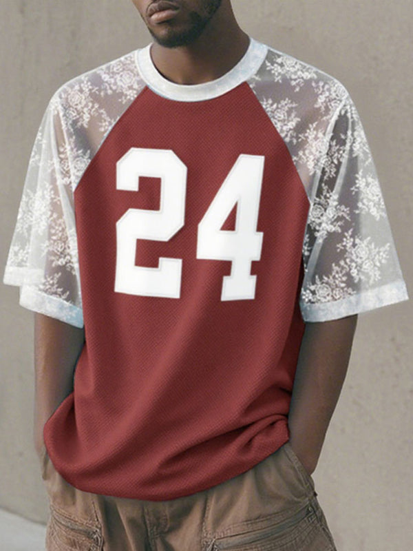 Men's Lace Patchwork Number Print Short Sleeve T-Shirt SKUL18993