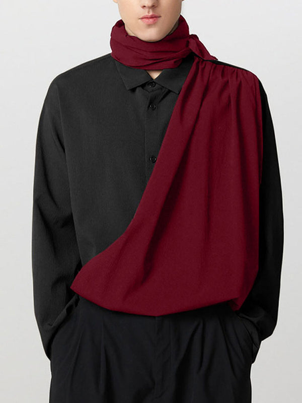 Mens Tie-Detail Color-Block Patchwork Long-Sleeve Shirt SKUK87995