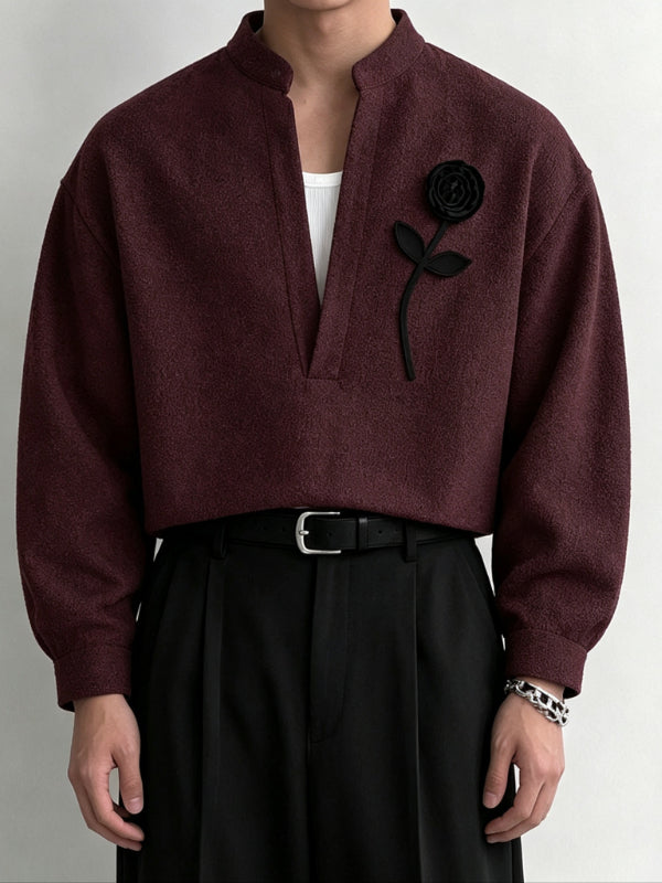 Men's Zen Minimalist Art Exhibition 3D Rose Flower Deep V-Neck Shirt SKUL85401
