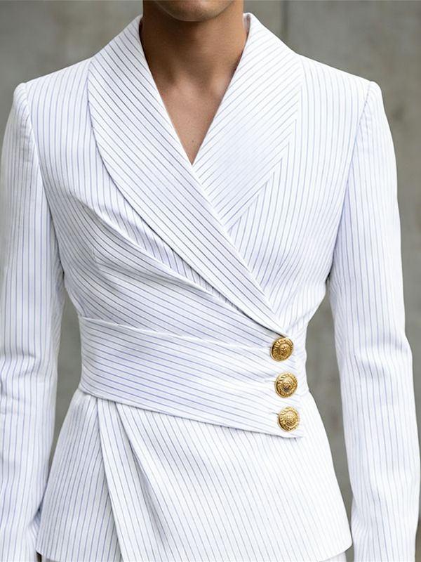 Men's Asymmetrical Placket Striped Metal Button Long Sleeve Blazer SKUL43977