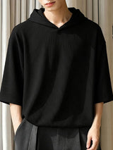 Men's High Street Casual Ribbed Drop Shoulder Hooded Half Sleeve T-shirt SKUL74691