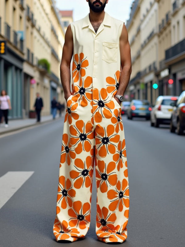 Men's Floral Print Colorblock Jumpsuit SKUL19821